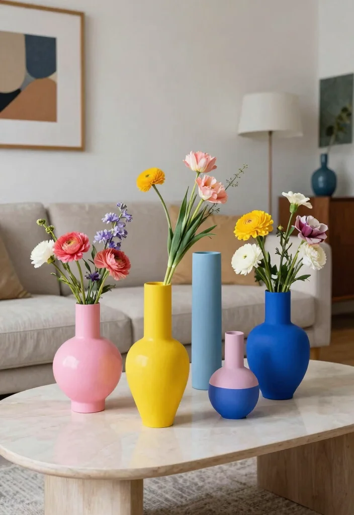 30 Big Vases Decor Living Room Ideas for Elegant Statement Style - 7. Color Blocked Vases 1