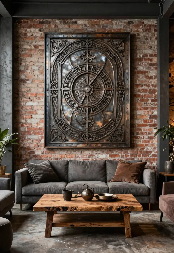 30 Big Wall Decor Living Room Ideas for a Bold Stylish Look - 10. Industrial Style with Metal Art 1