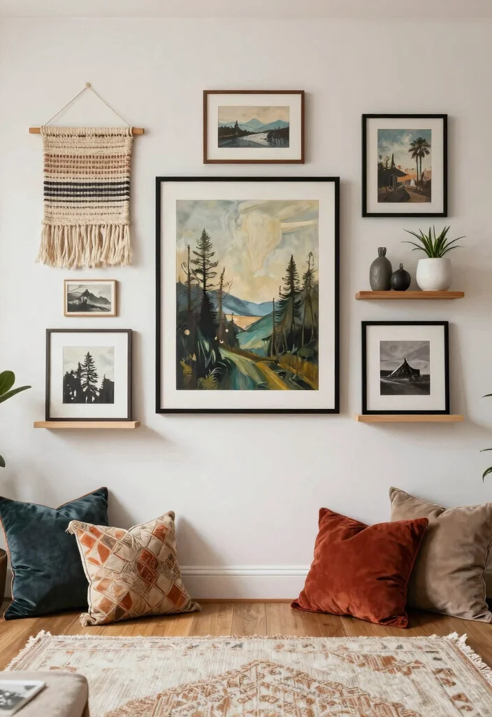 30 Big Wall Decor Living Room Ideas for a Bold Stylish Look - 12. Layered Wall Decor 1