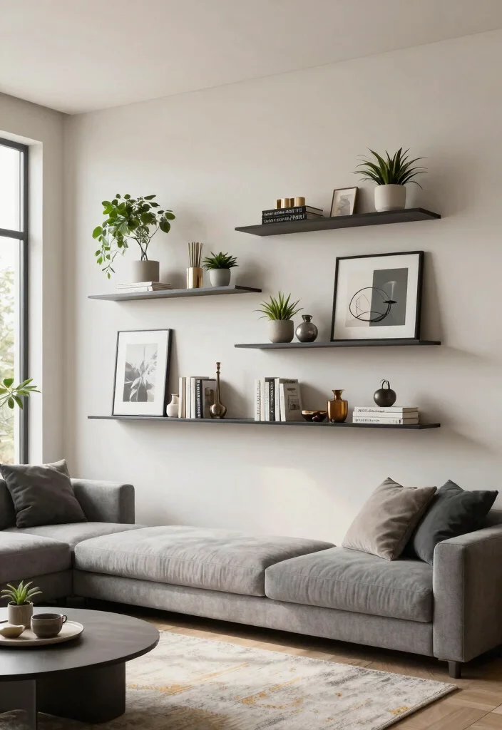 30 Big Wall Decor Living Room Ideas for a Bold Stylish Look - 13. Floating Shelves with Decor 1
