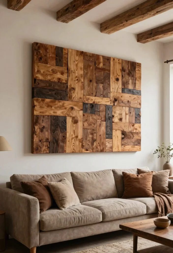 30 Big Wall Decor Living Room Ideas for a Bold Stylish Look - 16. Repurposed Wood Art 1