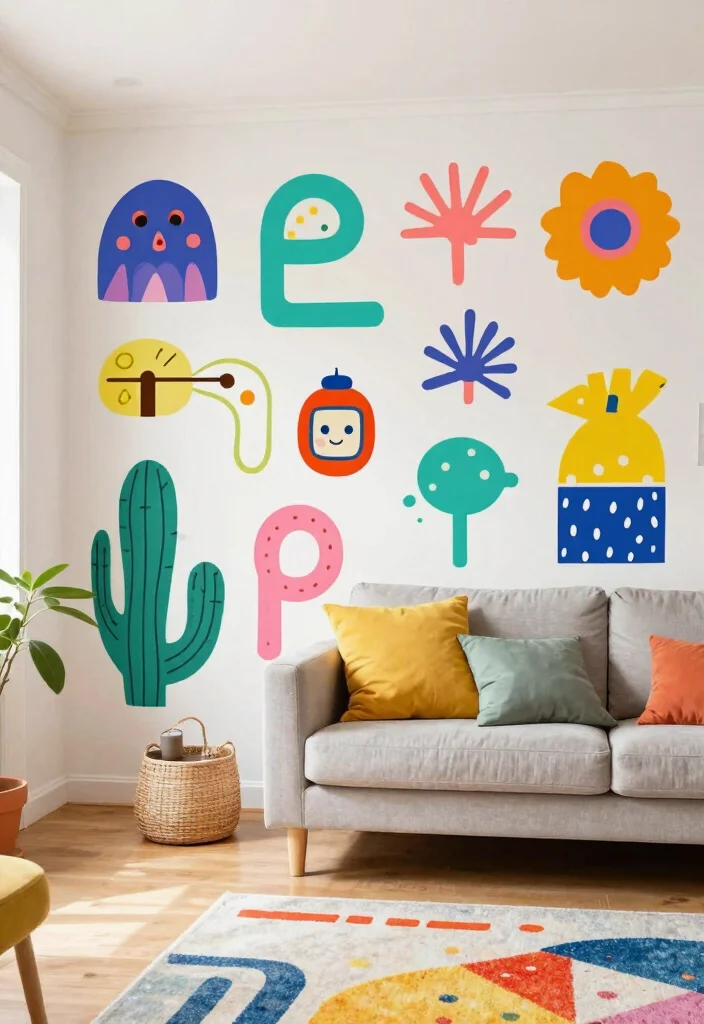 30 Big Wall Decor Living Room Ideas for a Bold Stylish Look - 17. Artistic Wall Decals 1