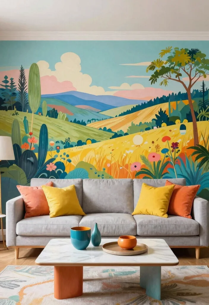 30 Big Wall Decor Living Room Ideas for a Bold Stylish Look - 19. Colorful Mural or Wallpaper 1