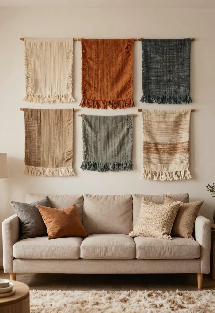 30 Big Wall Decor Living Room Ideas for a Bold Stylish Look - 23. Layered Fabric Wall Hangings 1