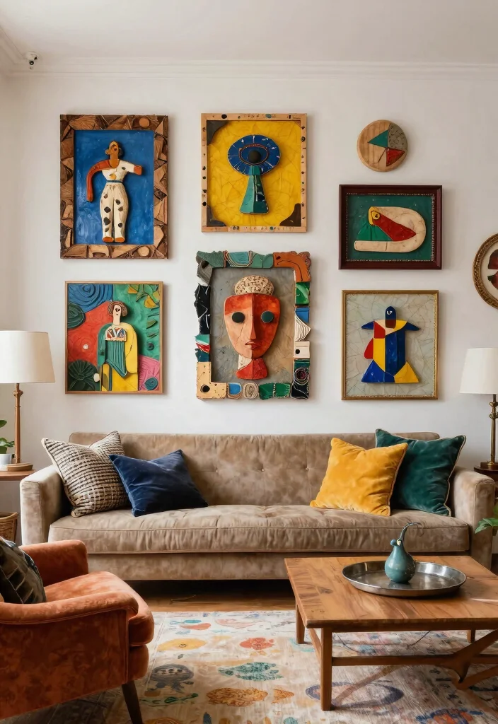 30 Big Wall Decor Living Room Ideas for a Bold Stylish Look - 27. Upcycled Art Pieces 1