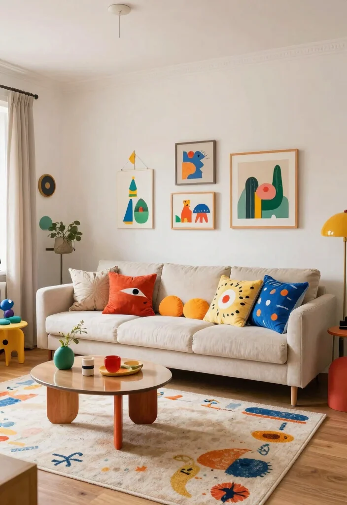 30 Big Wall Decor Living Room Ideas for a Bold Stylish Look - 29. Whimsical Art Elements 1