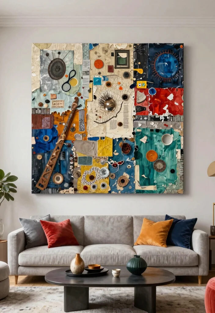 30 Big Wall Decor Living Room Ideas for a Bold Stylish Look - 30. Mixed Media Art Displays 1