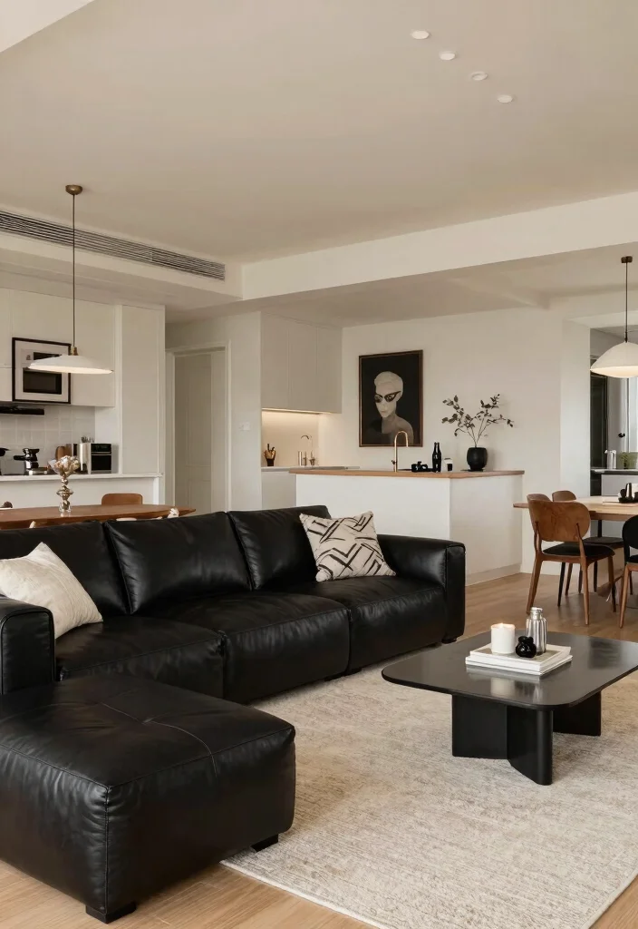 30 Black Leather Couch Living Room Decor Ideas for a Modern Home - 11. Open Concept Harmony 1