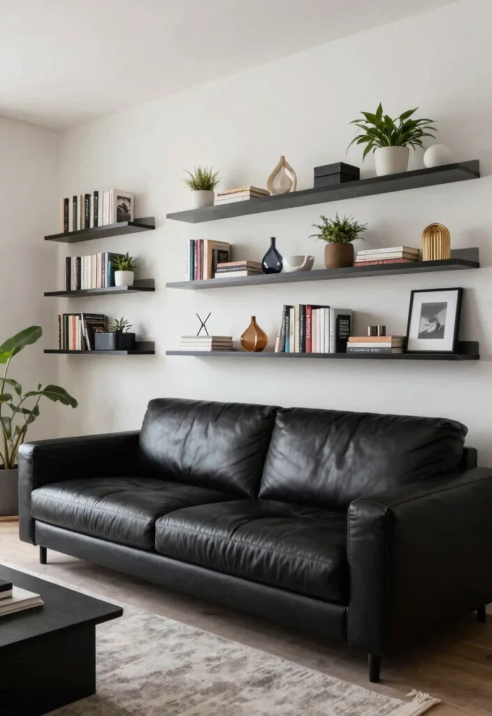 30 Black Leather Couch Living Room Decor Ideas for a Modern Home - 12. Floating Shelves 1