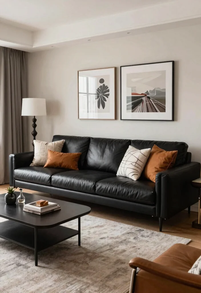 30 Black Leather Couch Living Room Decor Ideas for a Modern Home - 13. Color Coordination with Accessories 1