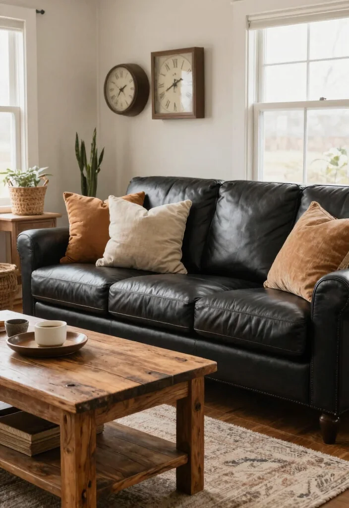 30 Black Leather Couch Living Room Decor Ideas for a Modern Home - 14. Farmhouse Flair 1