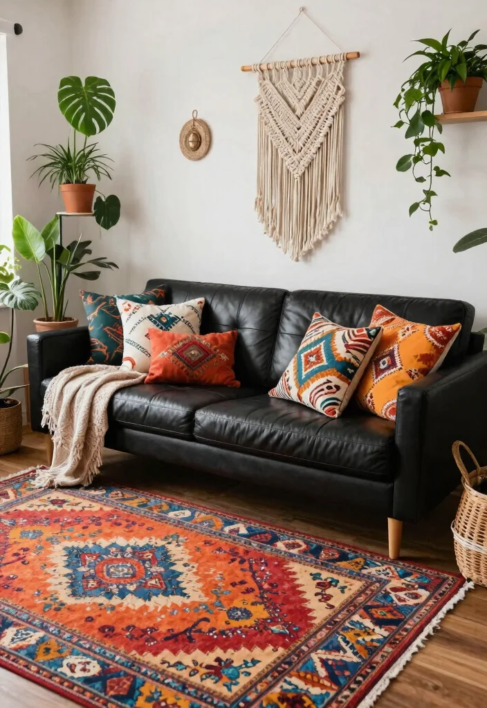 30 Black Leather Couch Living Room Decor Ideas for a Modern Home - 15. Modern Boho Mix 1