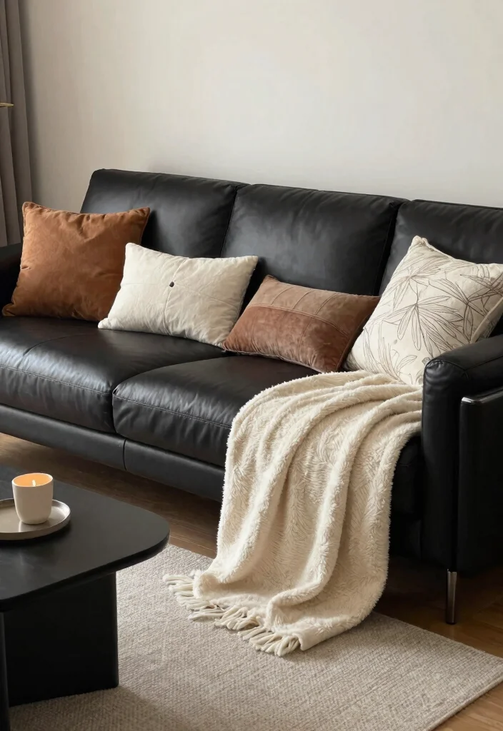 30 Black Leather Couch Living Room Decor Ideas for a Modern Home - 17. Cozy Layering 1