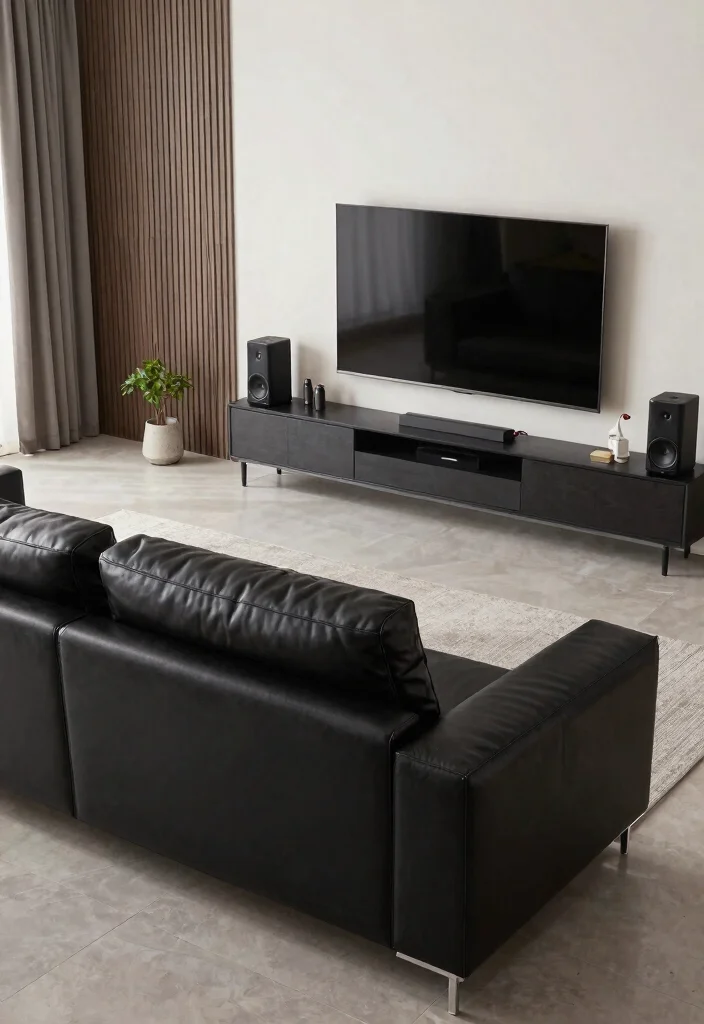 30 Black Leather Couch Living Room Decor Ideas for a Modern Home - 18. Integrated Tech 1