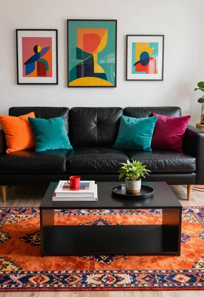 30 Black Leather Couch Living Room Decor Ideas for a Modern Home - 2. Bold Color Pops 1