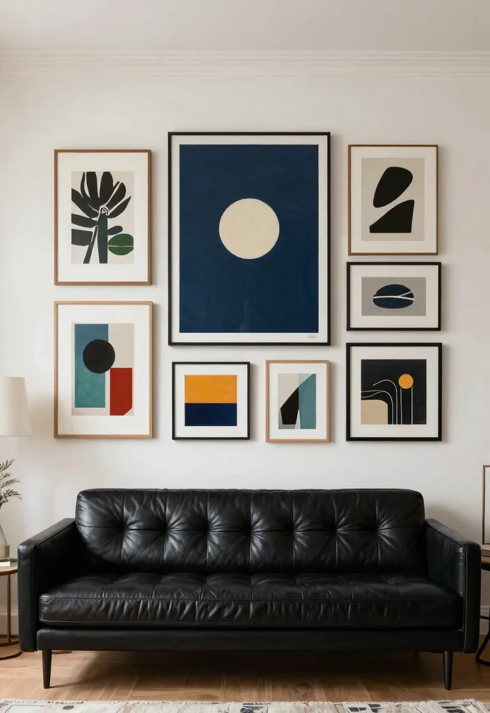 30 Black Leather Couch Living Room Decor Ideas for a Modern Home - 23. Artistic Expressions 1