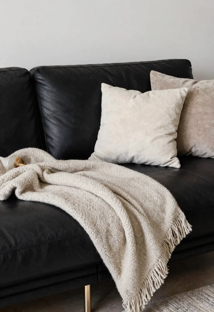 30 Black Leather Couch Living Room Decor Ideas for a Modern Home - 24. Textural Play 1