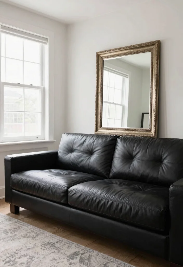 30 Black Leather Couch Living Room Decor Ideas for a Modern Home - 25. Using Mirrors 1