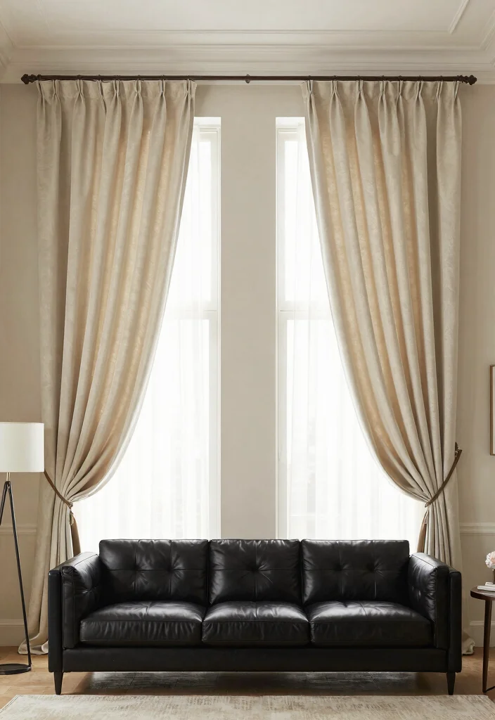 30 Black Leather Couch Living Room Decor Ideas for a Modern Home - 26. Transformative Curtains 1
