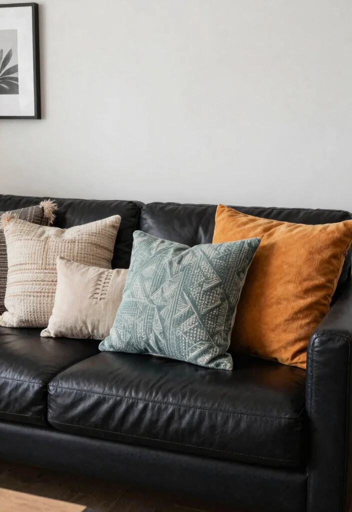 30 Black Leather Couch Living Room Decor Ideas for a Modern Home - 28. Softening with Pillows 1