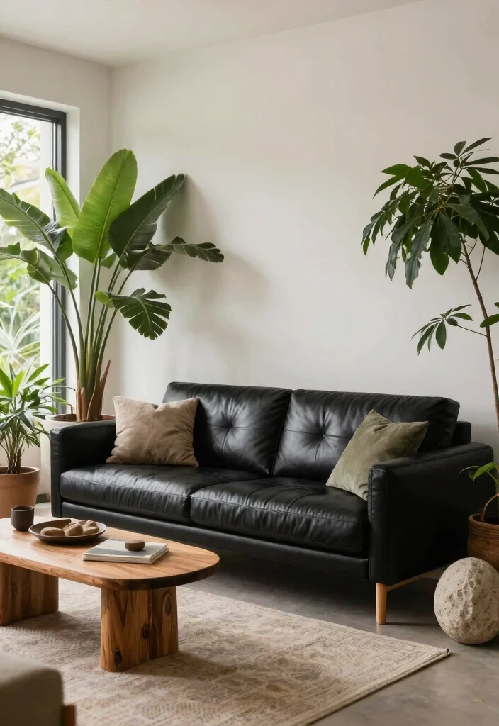 30 Black Leather Couch Living Room Decor Ideas for a Modern Home - 29. Outdoor-Inspired Decor 1