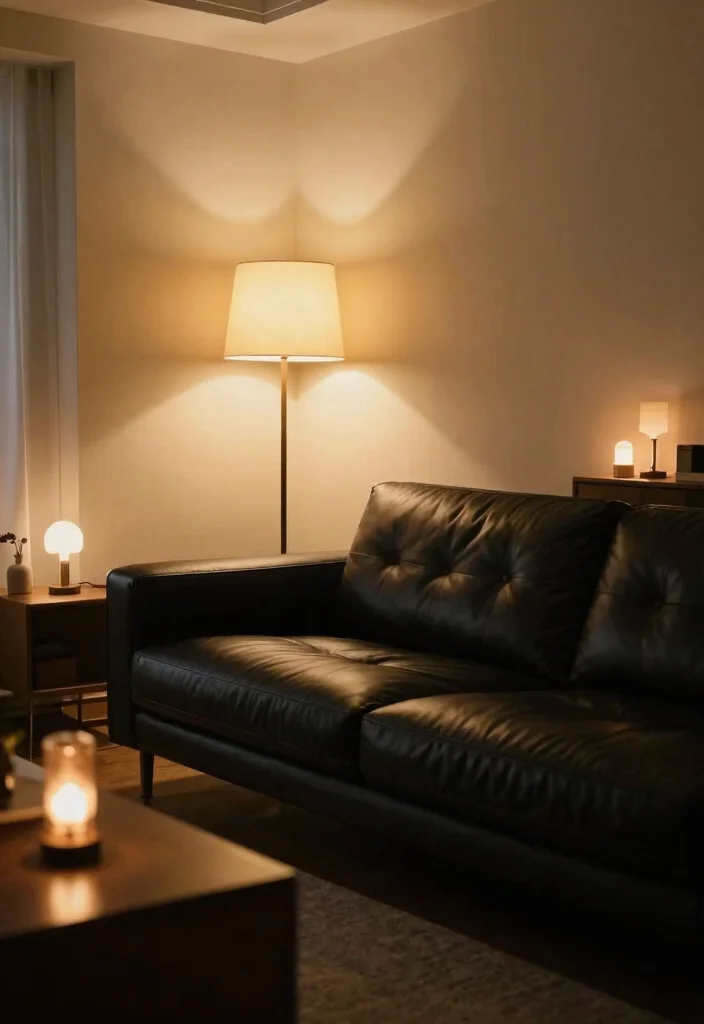 30 Black Leather Couch Living Room Decor Ideas for a Modern Home - 5. Layered Lighting 1