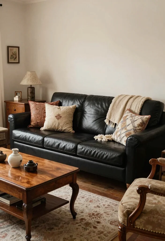 30 Black Leather Couch Living Room Decor Ideas for a Modern Home - 7. Vintage Vibes 1