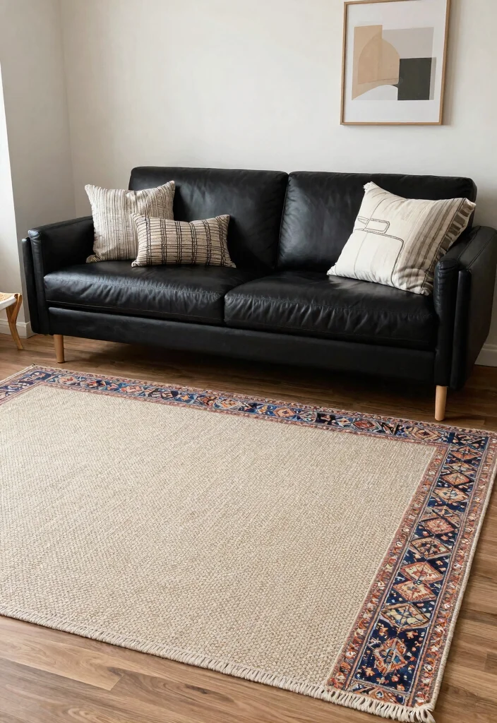 30 Black Leather Couch Living Room Decor Ideas for a Modern Home - 8. Layered Rugs 1
