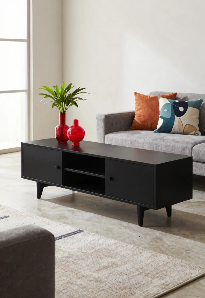 30 Black TV Stand Living Room Decor Ideas for a Sleek Modern Space - 1. Bold Geometric Designs 1