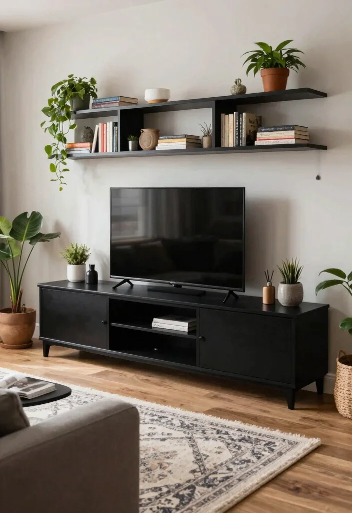30 Black TV Stand Living Room Decor Ideas for a Sleek Modern Space - 11. Open Shelving for Display 1