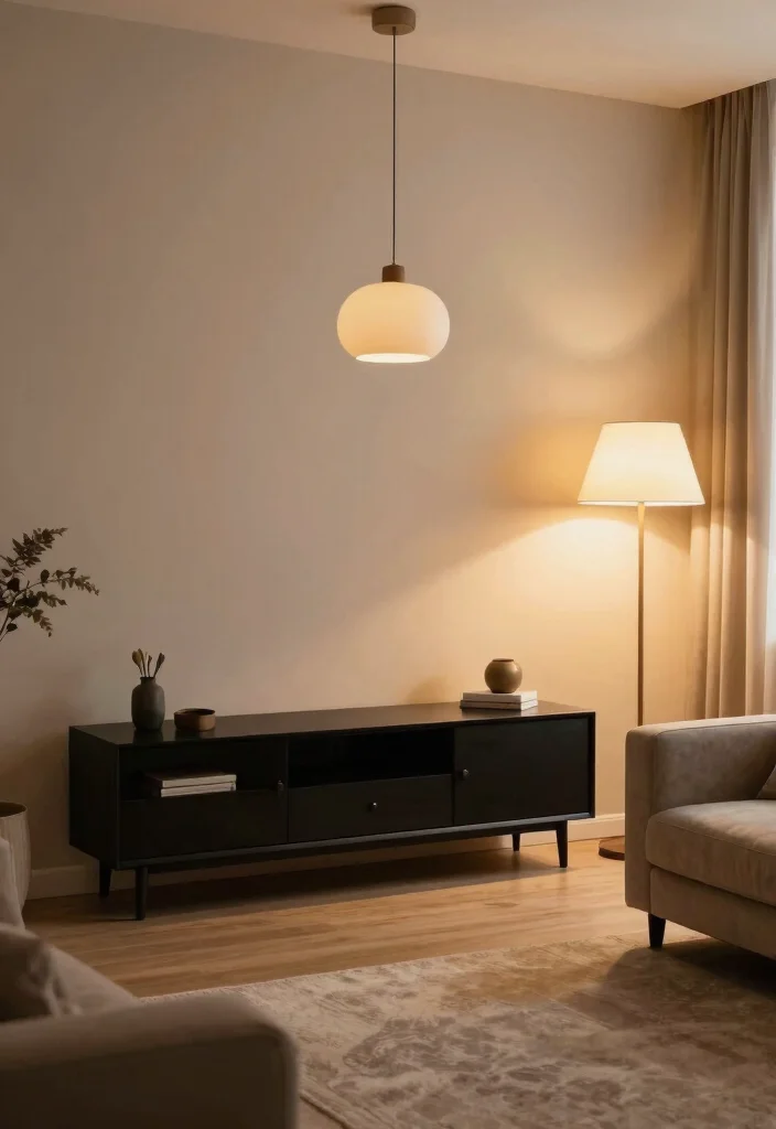 30 Black TV Stand Living Room Decor Ideas for a Sleek Modern Space - 13. Artistic Lighting Solutions 1