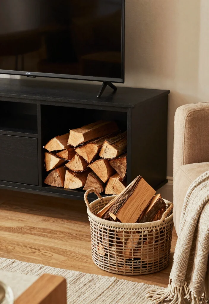 30 Black TV Stand Living Room Decor Ideas for a Sleek Modern Space - 14. Firewood Storage Ideas 1