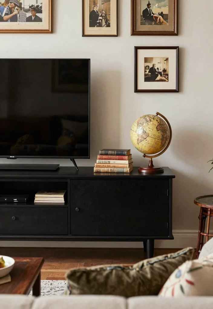30 Black TV Stand Living Room Decor Ideas for a Sleek Modern Space - 15. Vintage Accents 1