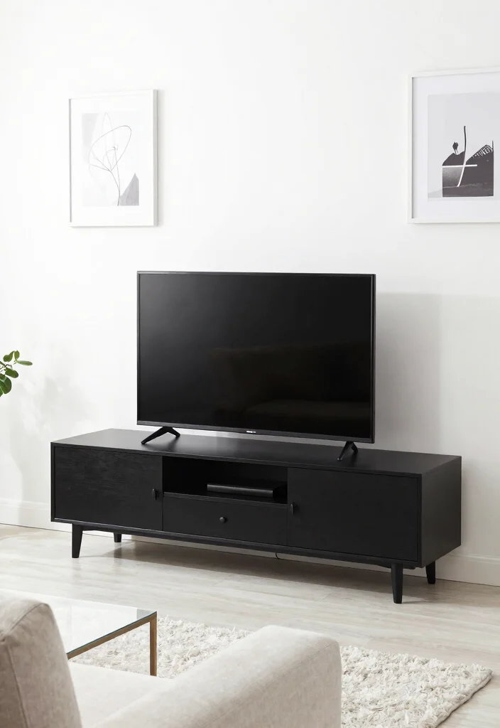 30 Black TV Stand Living Room Decor Ideas for a Sleek Modern Space - 17. Bright White Contrast 1