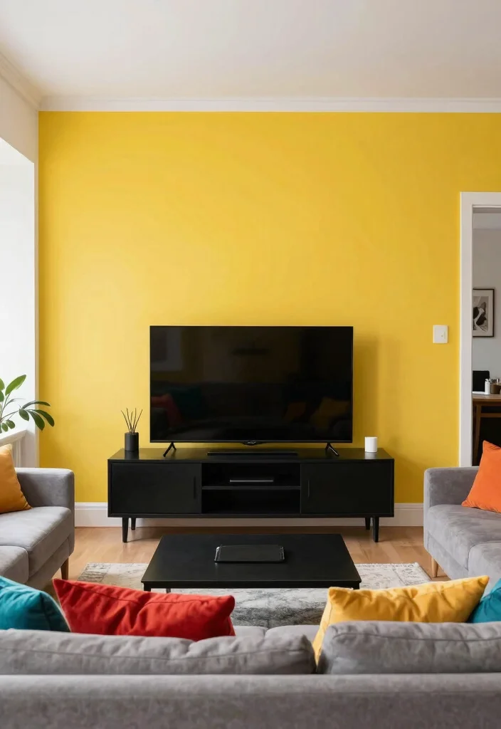 30 Black TV Stand Living Room Decor Ideas for a Sleek Modern Space - 18. Colorful Wall Treatments 1