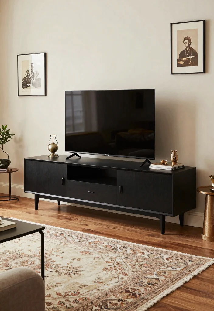 30 Black TV Stand Living Room Decor Ideas for a Sleek Modern Space - 19. Vintage Meets Modern 1