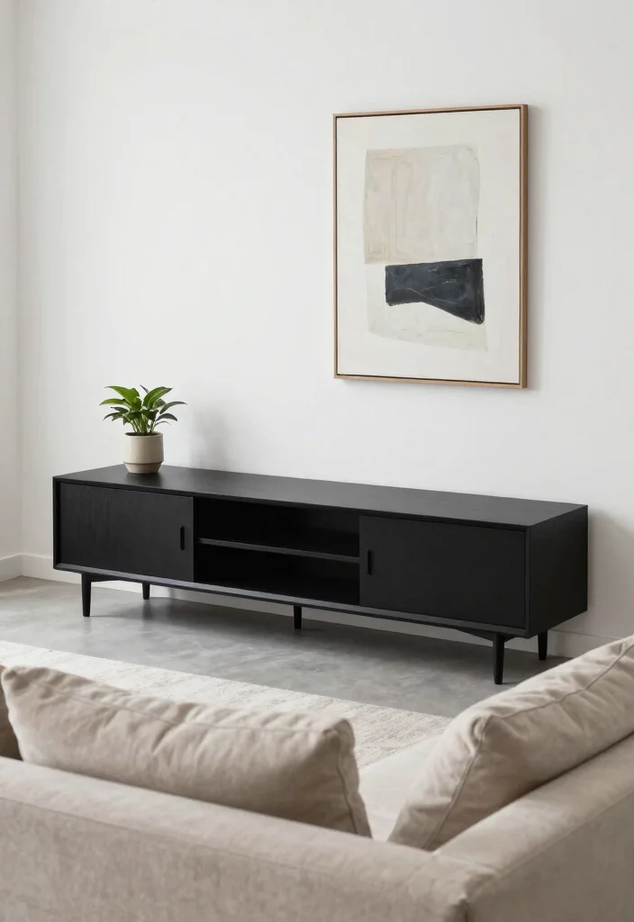 30 Black TV Stand Living Room Decor Ideas for a Sleek Modern Space - 2. Minimalist Black Elegance 1