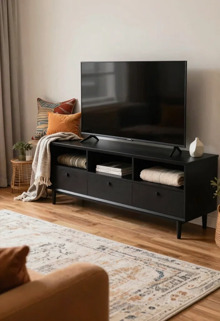 30 Black TV Stand Living Room Decor Ideas for a Sleek Modern Space - 20. Accent Pillows and Throws 1