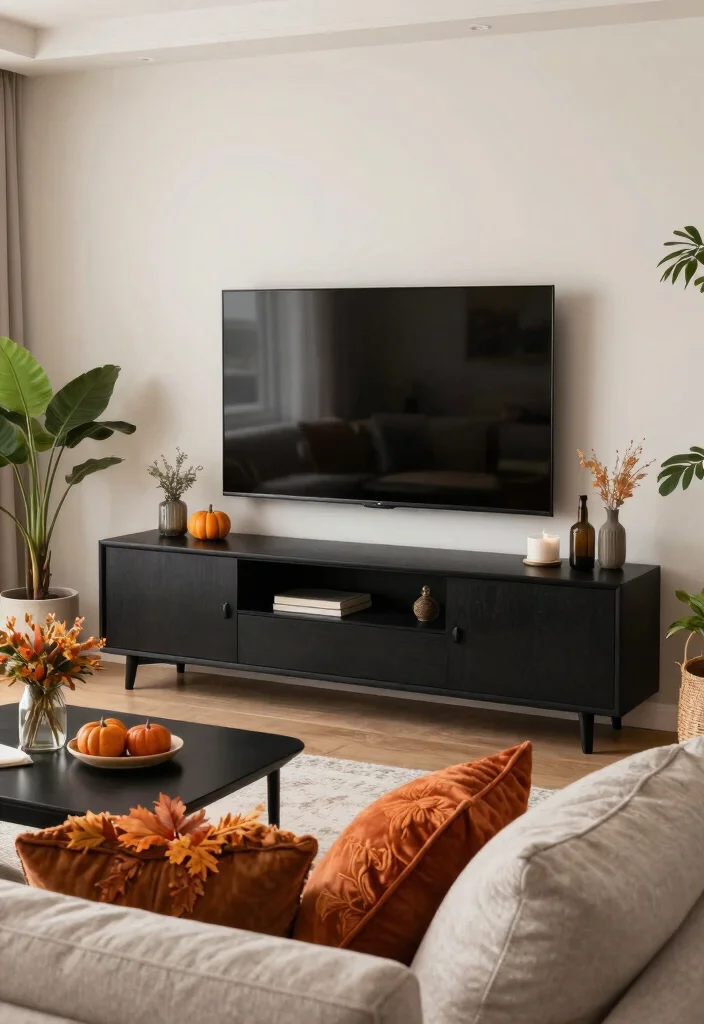 30 Black TV Stand Living Room Decor Ideas for a Sleek Modern Space - 21. Seasonal Decor Changes 1