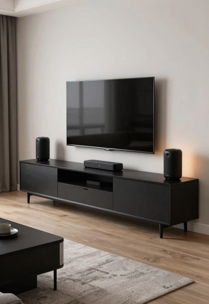 30 Black TV Stand Living Room Decor Ideas for a Sleek Modern Space - 22. Incorporating Smart Technology 1