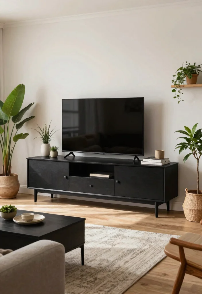 30 Black TV Stand Living Room Decor Ideas for a Sleek Modern Space - 23. Outdoor-Inspired Decor 1