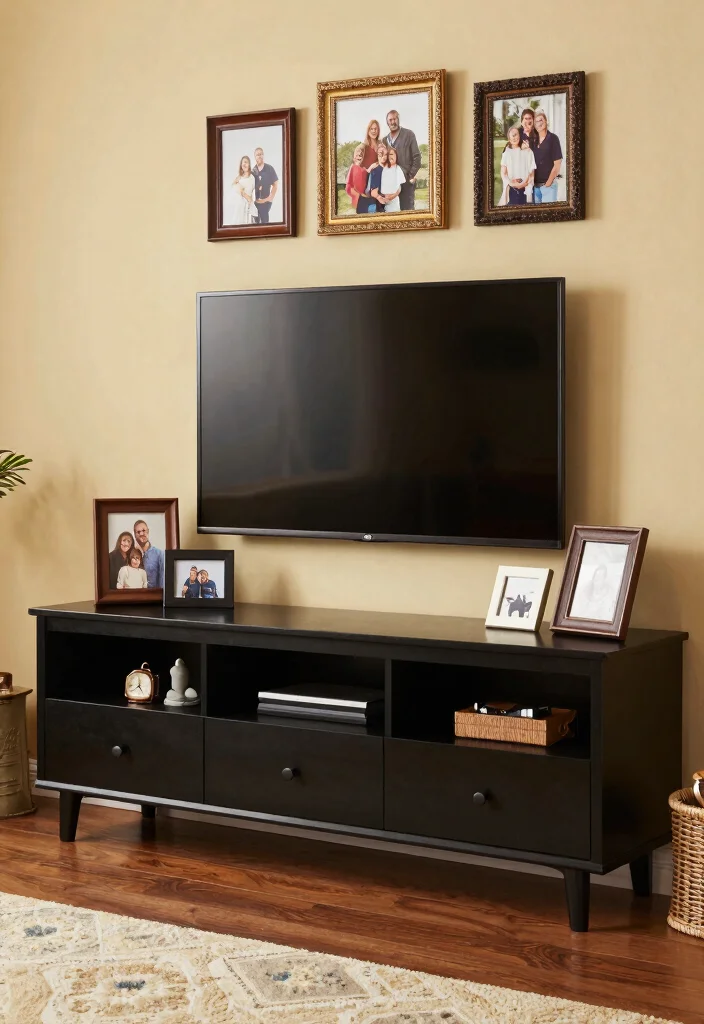 30 Black TV Stand Living Room Decor Ideas for a Sleek Modern Space - 28. Personalized Decor 1