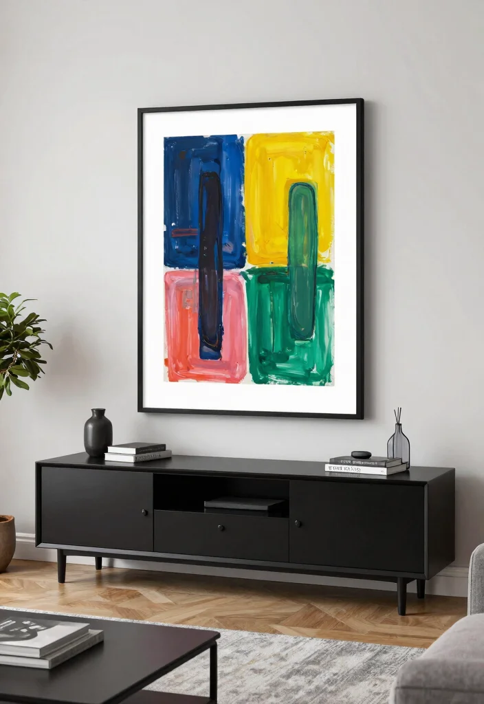 30 Black TV Stand Living Room Decor Ideas for a Sleek Modern Space - 29. Using Large Art Pieces 1