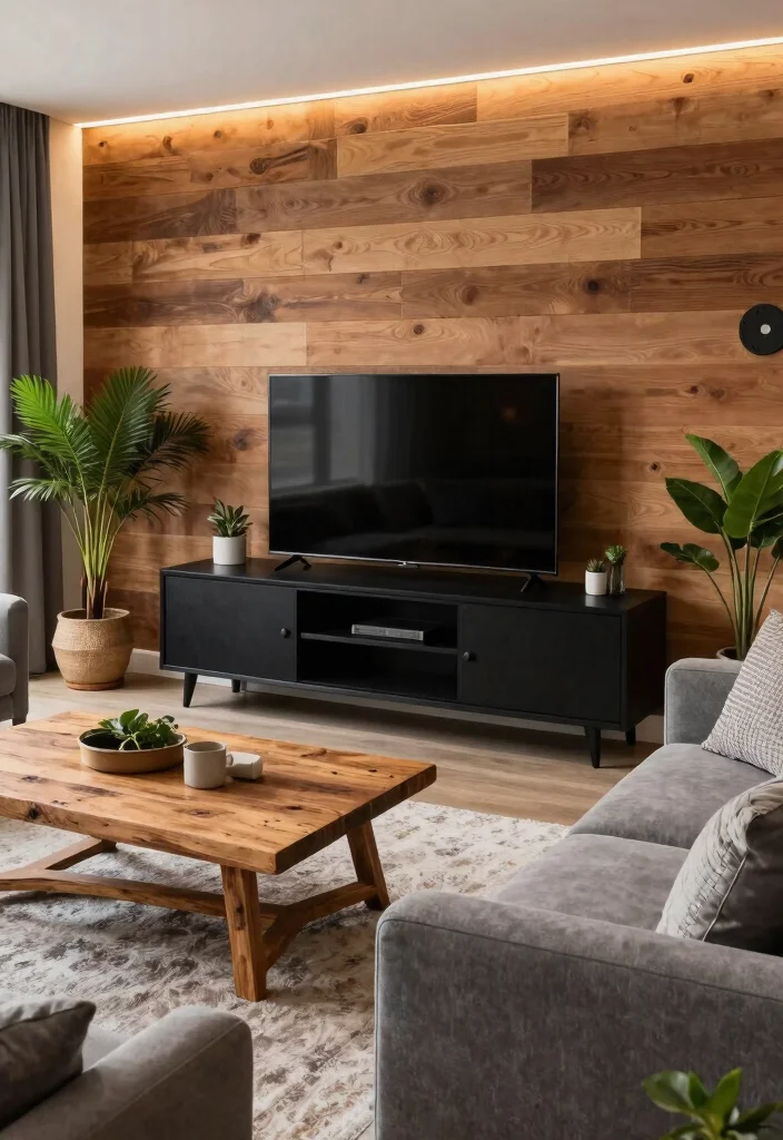 30 Black TV Stand Living Room Decor Ideas for a Sleek Modern Space - 3. Rustic Meets Modern 1