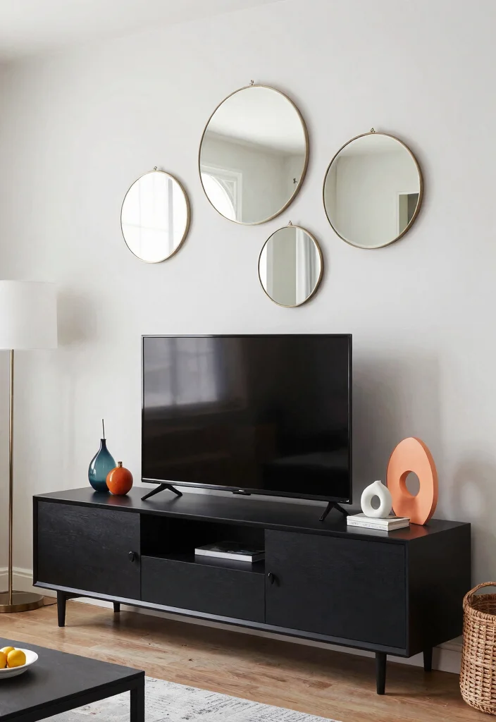 30 Black TV Stand Living Room Decor Ideas for a Sleek Modern Space - 30. Experimenting with Shapes 1
