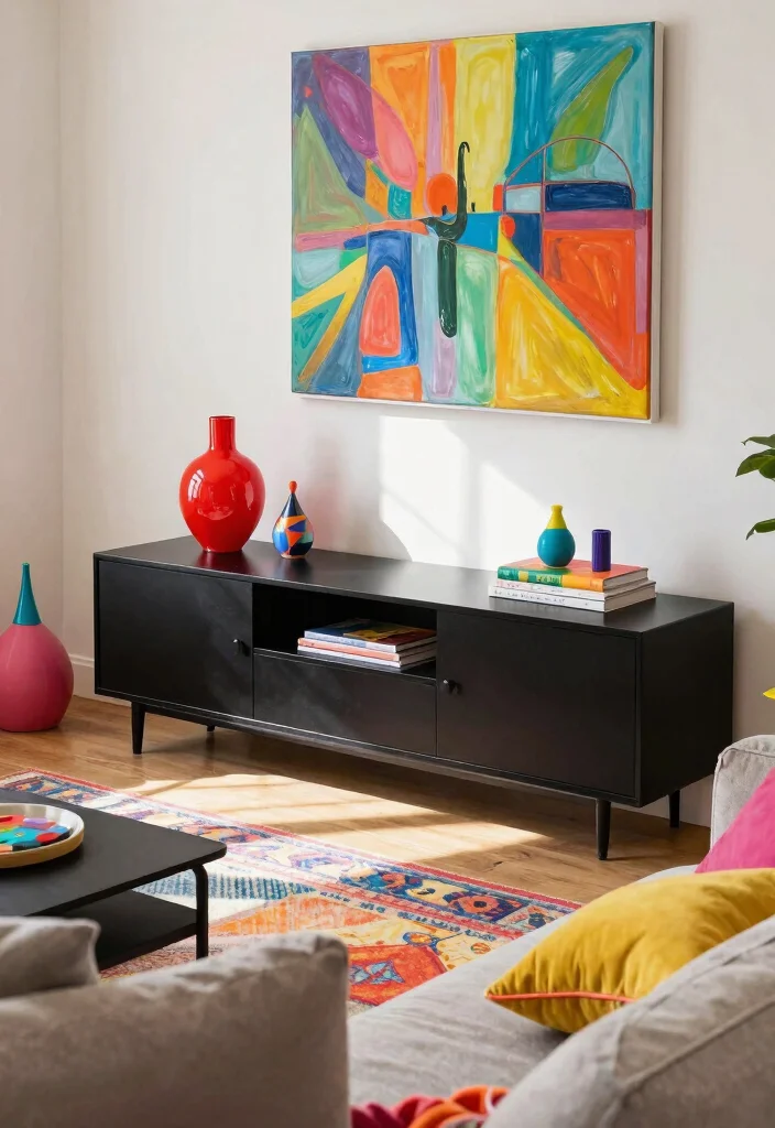 30 Black TV Stand Living Room Decor Ideas for a Sleek Modern Space - 5. Adding Colorful Accents 1