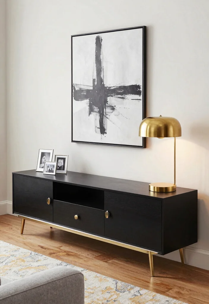 30 Black TV Stand Living Room Decor Ideas for a Sleek Modern Space - 6. Incorporating Metal Elements 1