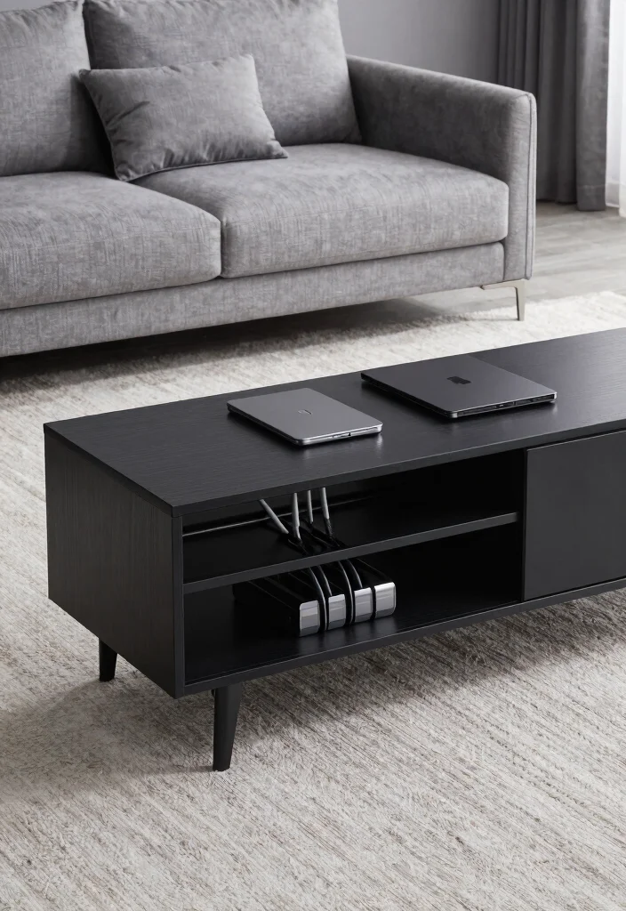 30 Black TV Stand Living Room Decor Ideas for a Sleek Modern Space - 7. Stylish Cable Management Solutions 1