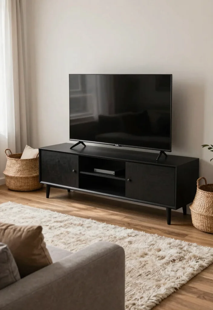 30 Black TV Stand Living Room Decor Ideas for a Sleek Modern Space - 8. Layering Textures 1