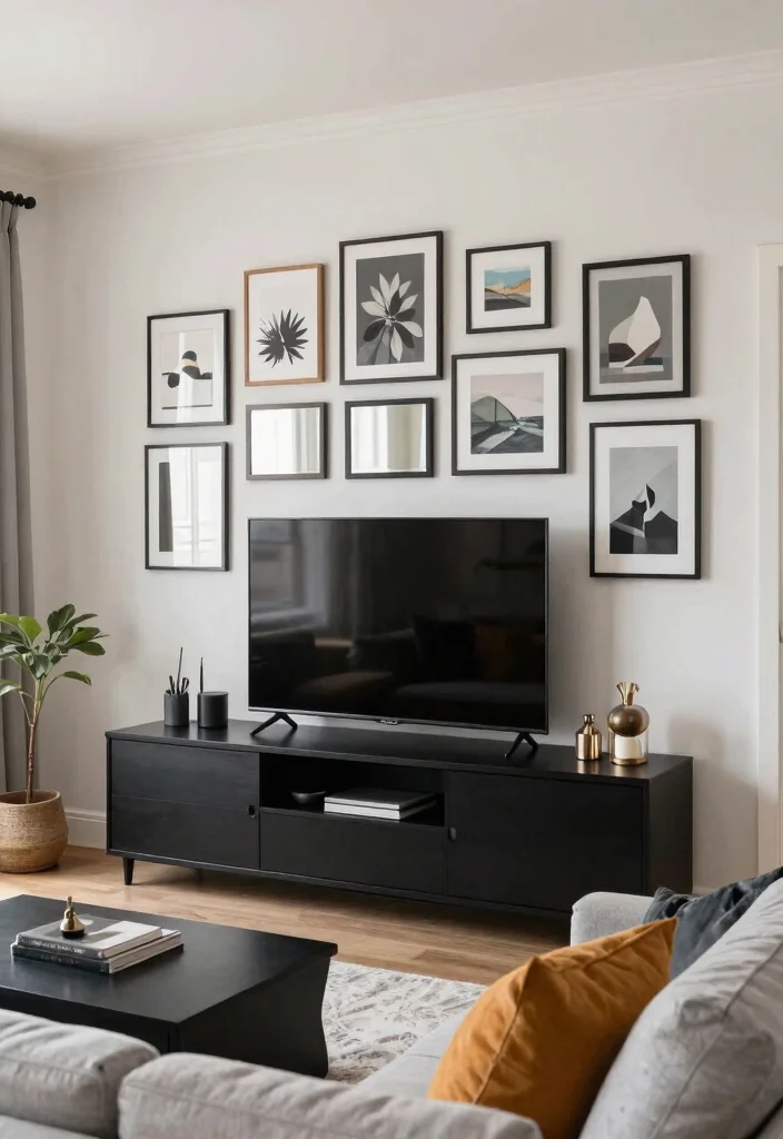 30 Black TV Stand Living Room Decor Ideas for a Sleek Modern Space - 9. Creating a Gallery Wall 1